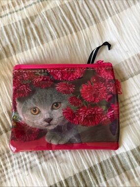 Pink Floral Cat Zip Wristlet Pouch